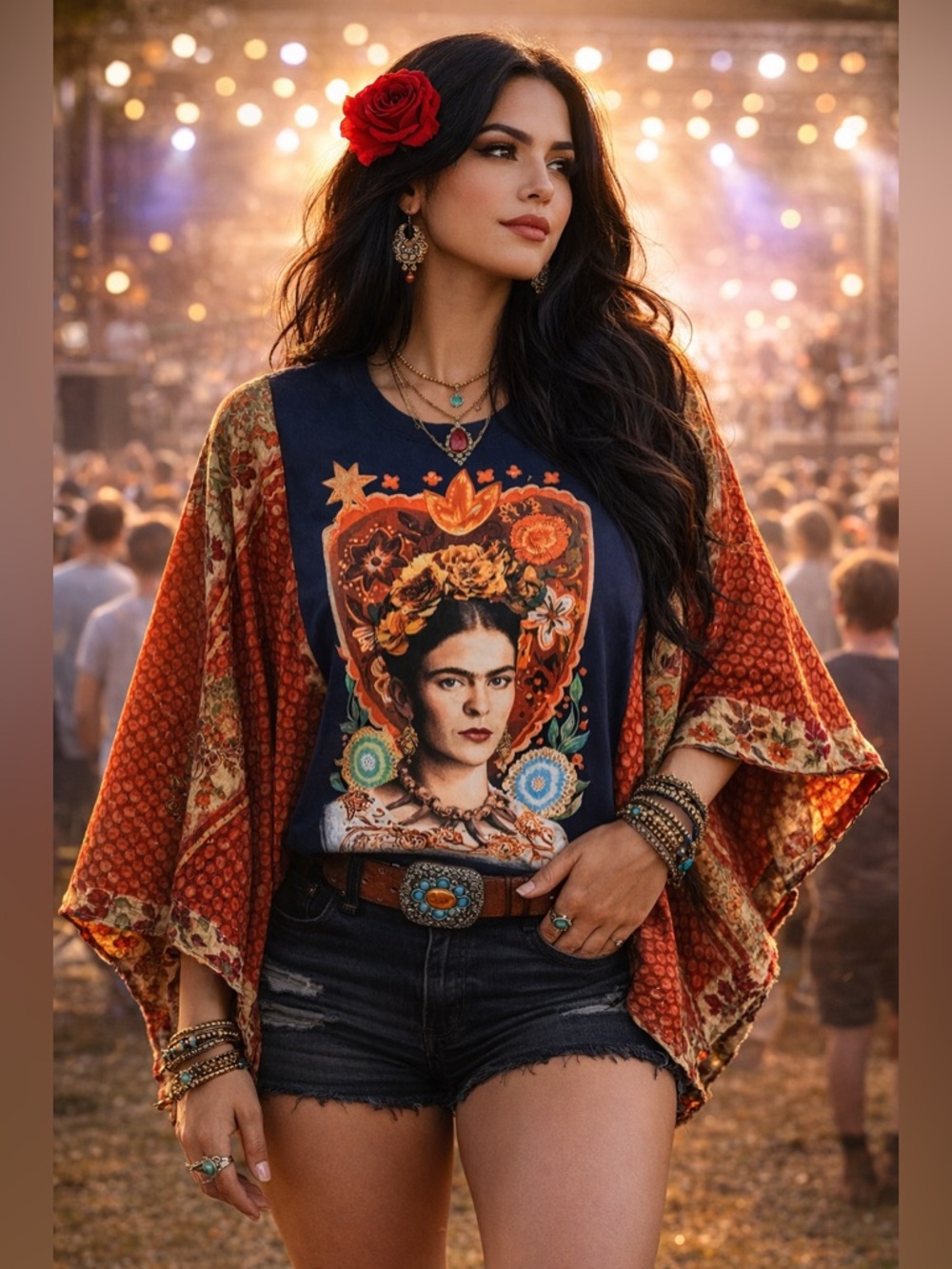 Custom Upcycled Frida Kahlo Graphic Tee Kantha Sleeves Poncho Pullover OSFM